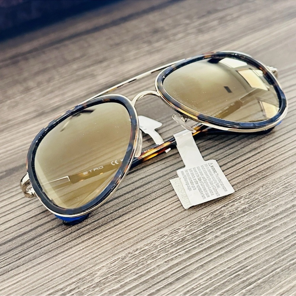 NWT ETRO Metal Aviator Sunglass 210 Blue Havana 56-19 Italy ET110S